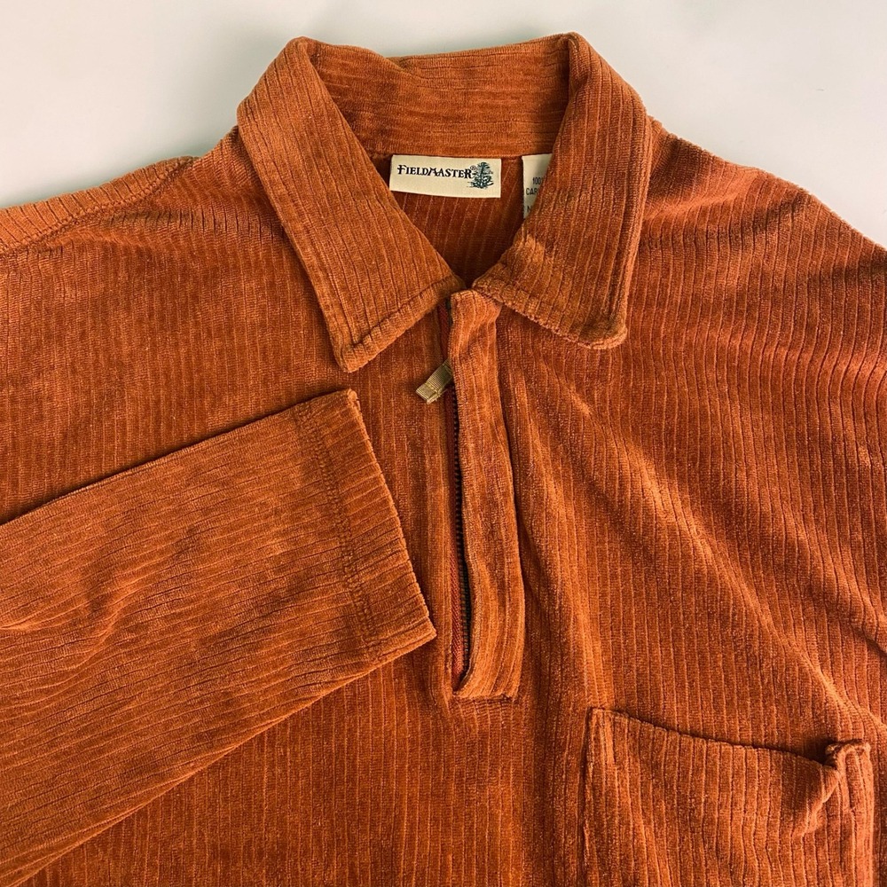 FIELDMASTER Men's Size S Corduroy Quarter Zip‎ Pullover Shirt Orange Cotton